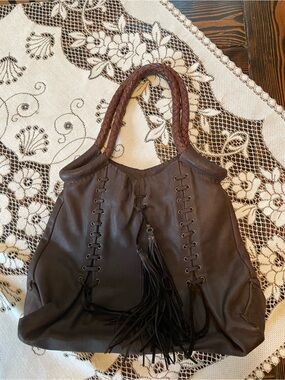 Carla Mancini Braided Handle Espresso Leather Tassel Shoulder Bag